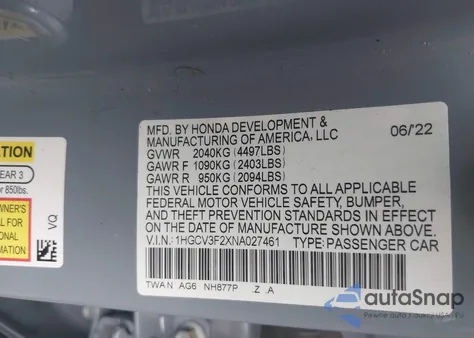 2022 Honda Accord Hybrid Sport z USA, uszkodzony, nr VIN 1HGCV3F2XNA027461